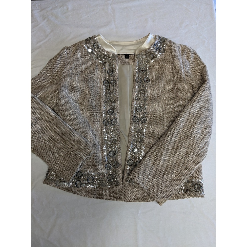 Lafayette 148 New York Tweed Embellished Mirror Sequin Jacket Champagne‎ Size 8